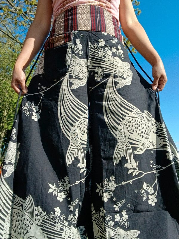 Koi Fish Black Harem Wide Leg Pants Genie Hippie Baggy High Rise Waist Trousers