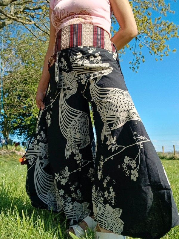 Koi Fish Black Harem Wide Leg Pants Genie Hippie Baggy High Rise Waist Trousers