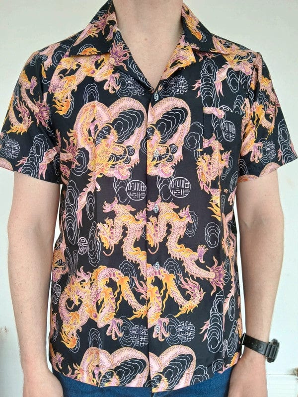 Mens Orange Pink Dragon Black Short Sleeve Hawaiian T Shirt Summer Holiday Large