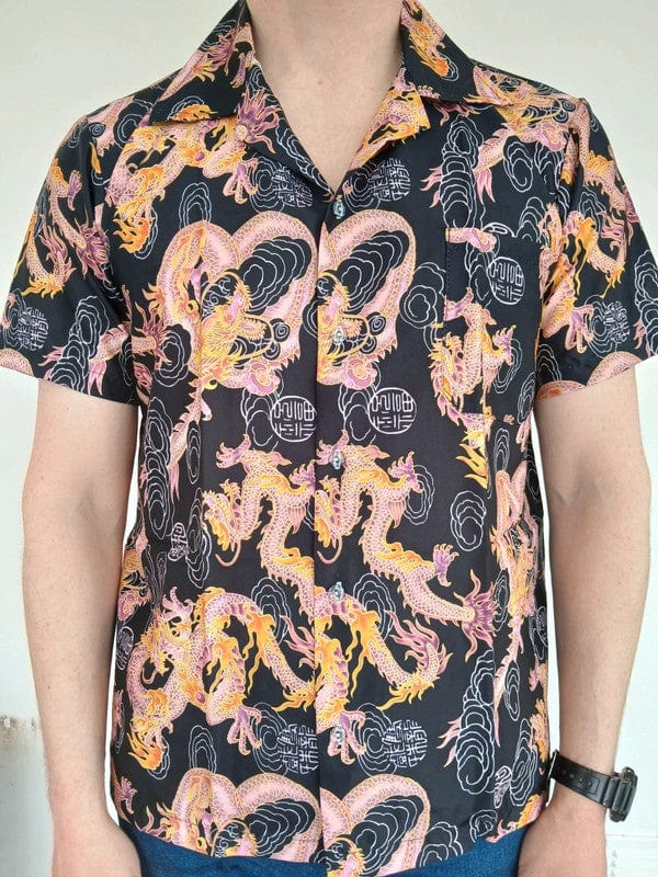 Mens Orange Pink Dragon Black Short Sleeve Hawaiian T Shirt Summer Holiday Large