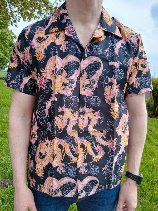 Mens Orange Pink Dragon Black Short Sleeve Hawaiian T Shirt Summer Holiday Large