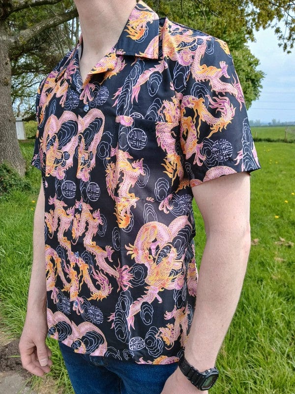 Mens Orange Pink Dragon Black Short Sleeve Hawaiian T Shirt Summer Holiday Large
