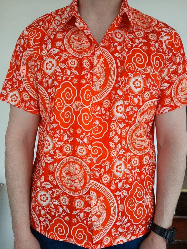 Mens Red White Chinese Dragon Floral Flower Hawaiian Man T Shirt Short Sleeve XL