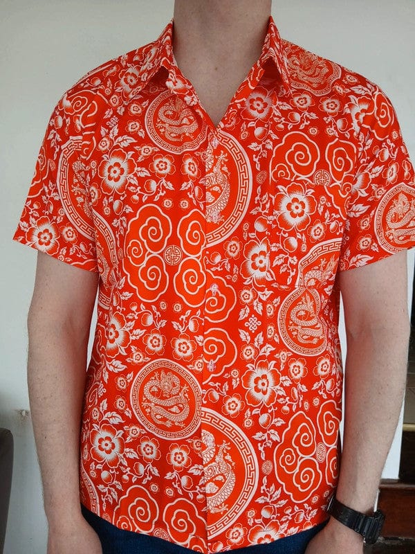 Mens Red White Chinese Dragon Floral Flower Hawaiian Man T Shirt Short Sleeve XL