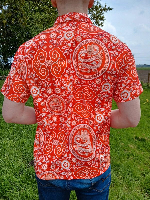 Mens Red White Chinese Dragon Floral Flower Hawaiian Man T Shirt Short Sleeve XL
