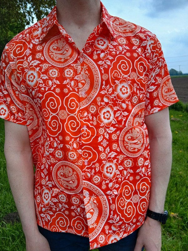 Mens Red White Chinese Dragon Floral Flower Hawaiian Man T Shirt Short Sleeve XL