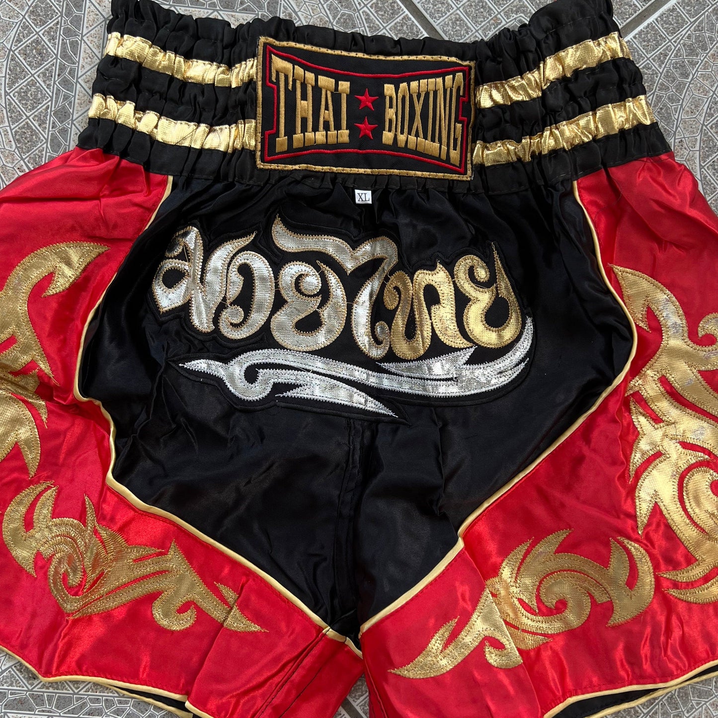 Muay Thai Boxing Shorts Red Black Gold Thai striped mens Sports shorts size XL