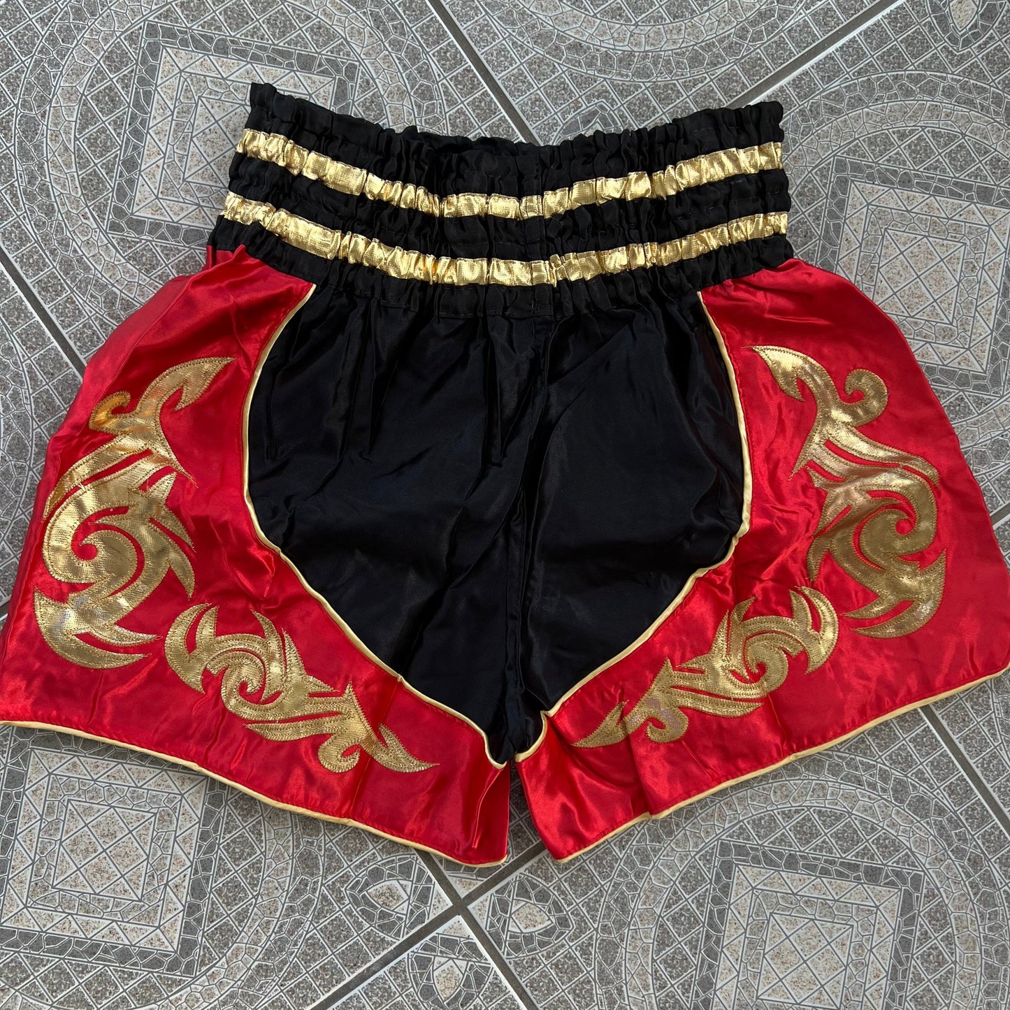 Muay Thai Boxing Shorts Red Black Gold Thai striped mens Sports shorts size XL