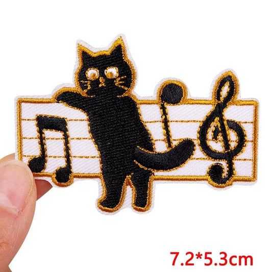 Music Notes Black Cat Ironable Clothes Patch Sew Iron On Embroidered Badge Decal