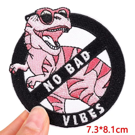 No Bad Vibes Pink T Rex Dinosaur Sunglasses Patch Iron Sew On Embroidered Badge
