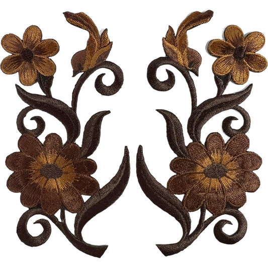 Pair of Brown Bird Flower Embroidered Badges Patches Iron On Sew On Clothes Bags