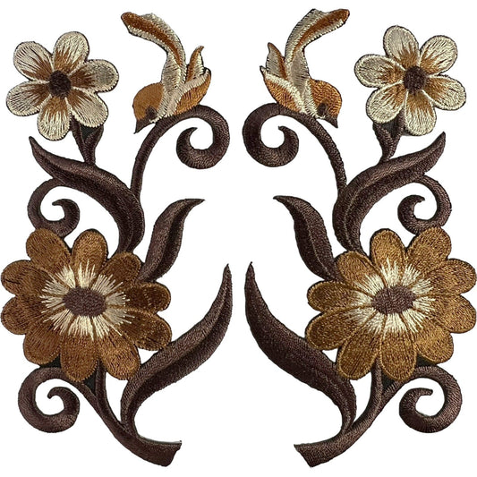 Pair of Brown Bird Flower Embroidered Badges Patches Iron Sew On Cloth Appliques