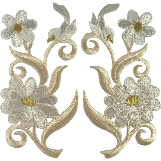 Pair of Cream Gold Bird Flower Iron Sew On Floral Patches Embroidered Appliques