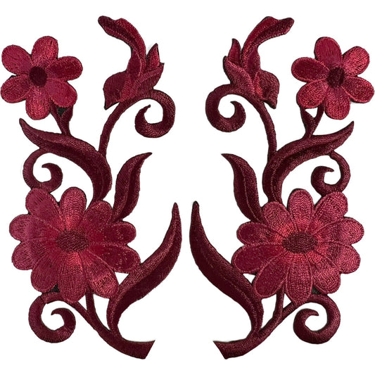 Pair of Dark Red Bird Flower Patches Badges Iron Sew On Embroidered Badge Patch