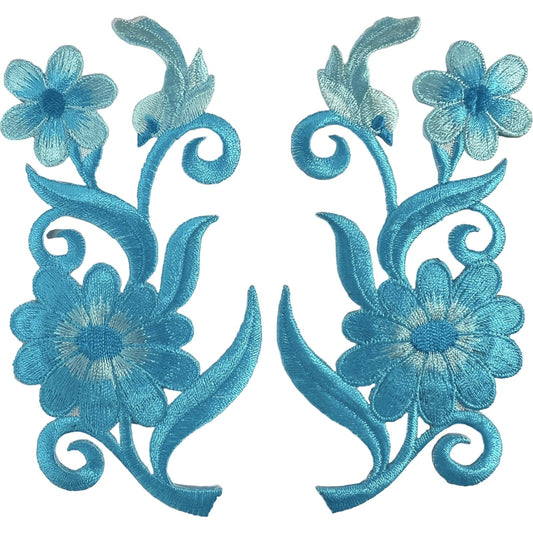 Pair of Iron Sew On Embroidered Blue Turquoise Bird Flower Crafts Patches Badges