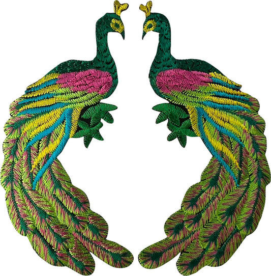 Pair of Peacock Patches Iron Sew On Clothes Bag Embroidered Badges Decals Motifs