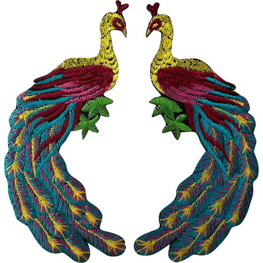 Pair of Peacock Patches Iron Sew On Clothes Bag Trousers Tops Embroidered Badges