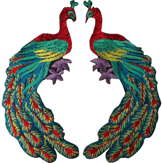 Pair of Peacock Patches Iron Sew On Crafts Bag Jumper Cardigan Embroidery Badges