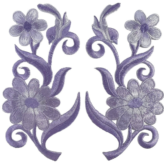 Pair of Purple Lavender Birds Flowers Iron On Sew On Patches Embroidered Badges