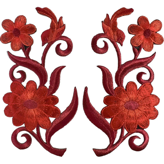 Pair of Red Orange Bird Flower Iron Sew On Jeans Jacket Patch Embroidered Badge