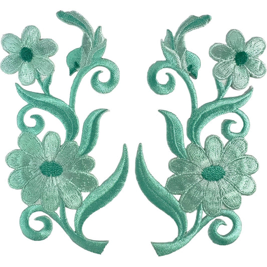 Pair of Turquoise Green Bird Flower Patches Iron Sew On Embroidered Patch Badge