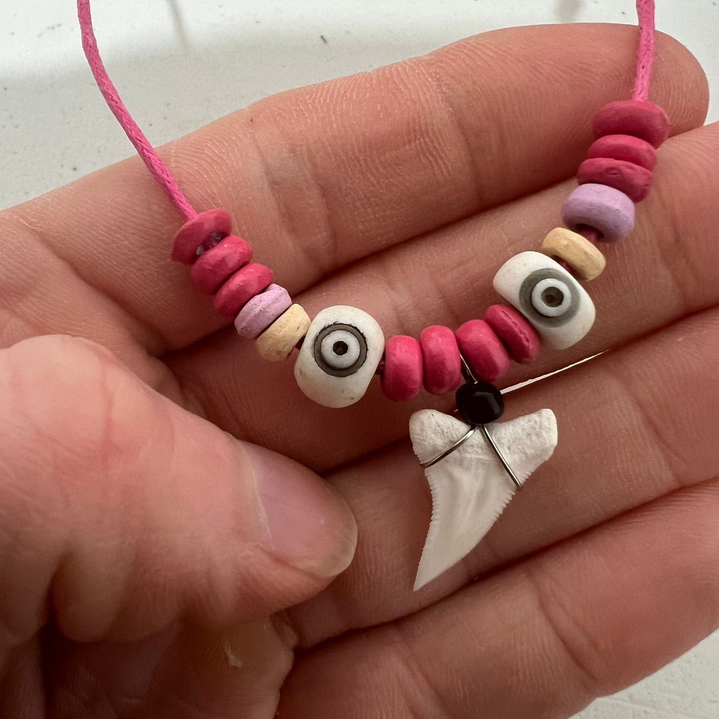 Pink Cord Chain Shark Tooth Pendant Necklace Wood Beads Womens Girls Jewellery