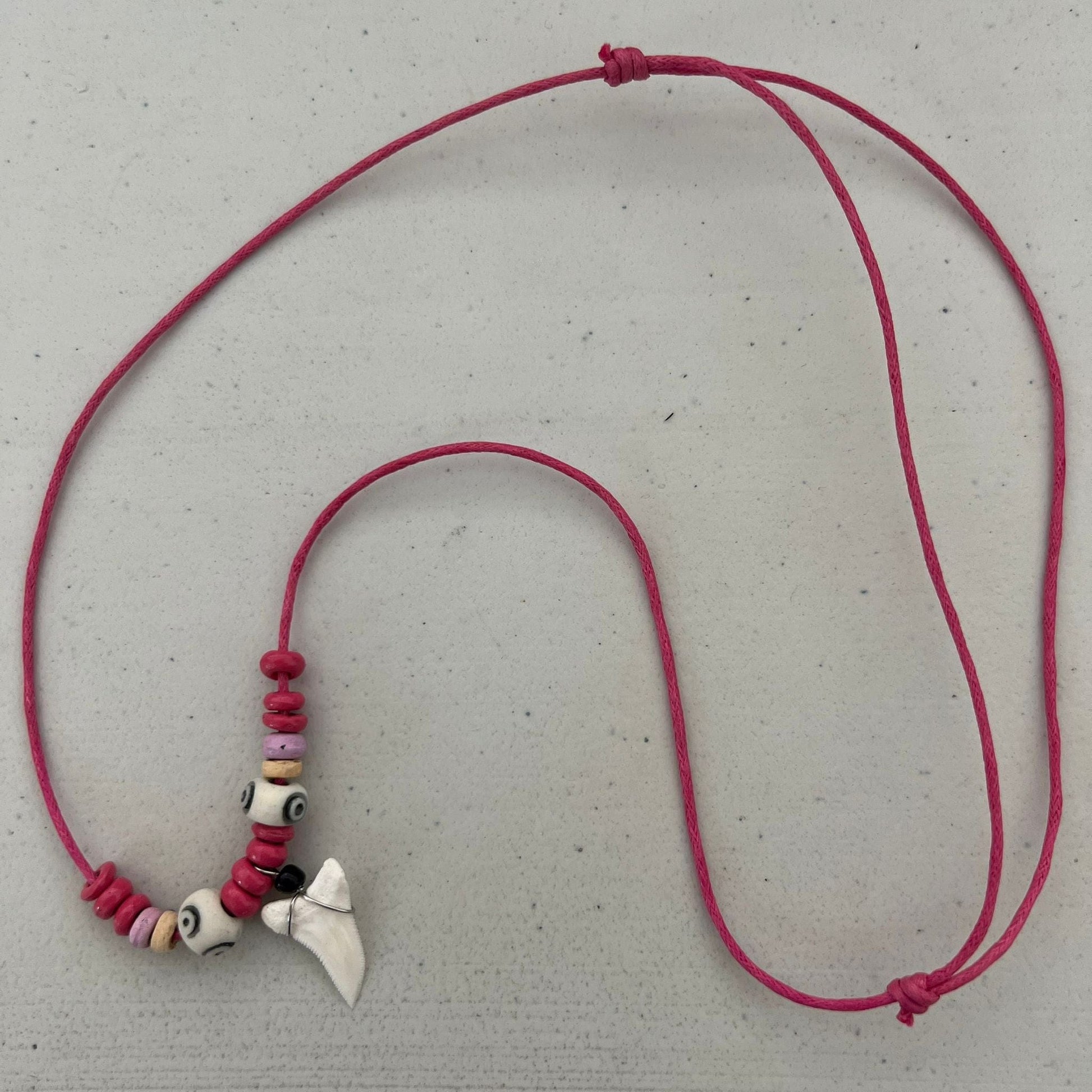 Pink Cord Chain Shark Tooth Pendant Necklace Wood Beads Womens Girls Jewellery