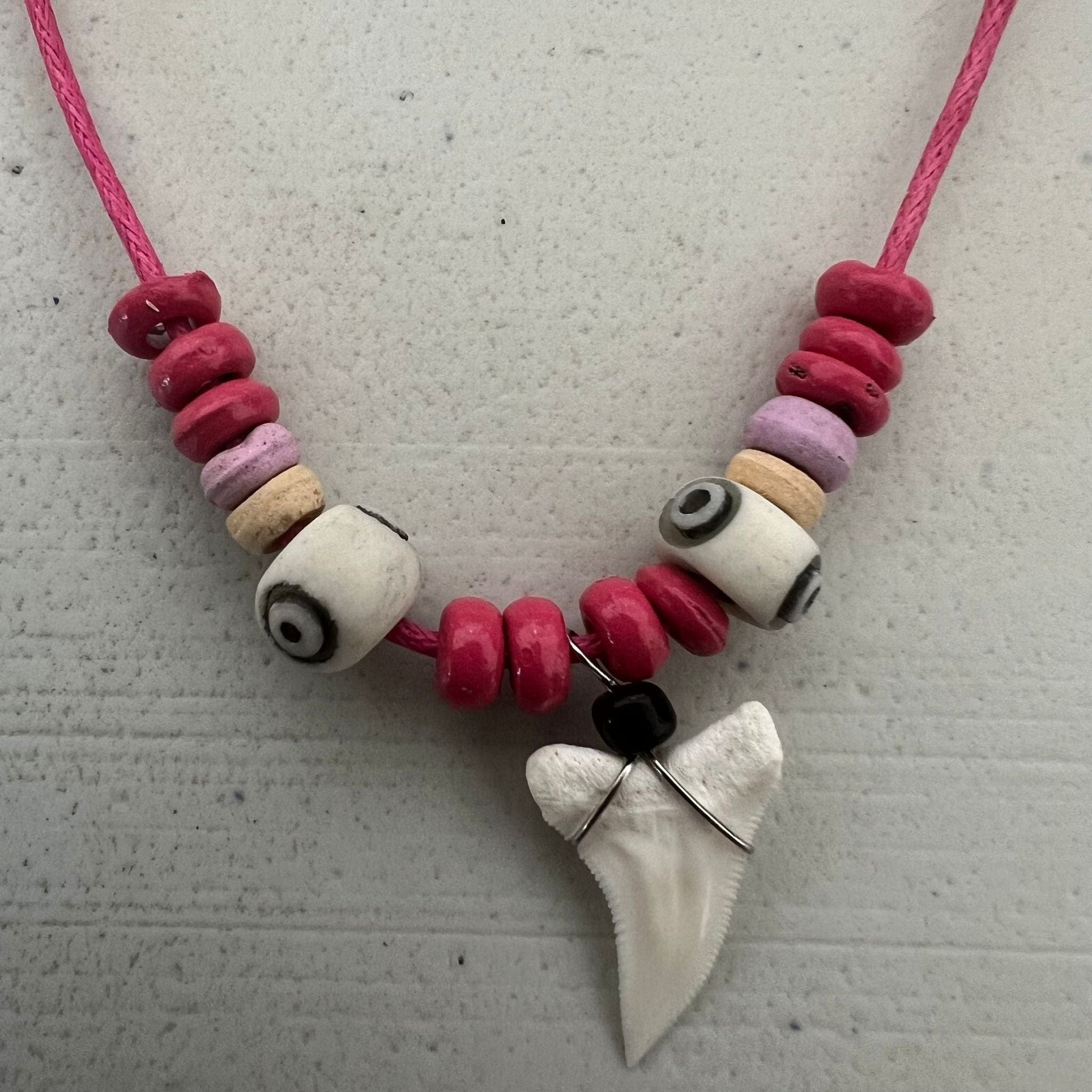 Pink Cord Chain Shark Tooth Pendant Necklace Wood Beads Womens Girls Jewellery