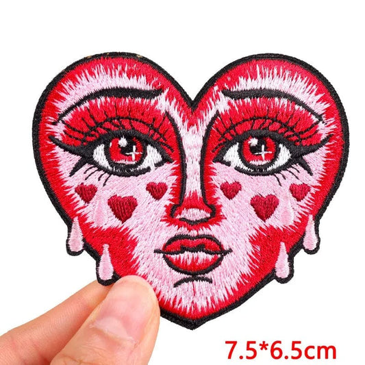 Pink Red Love Heart Face Embroidered Patch Iron Sew On Shirt Jacket Jeans Dress