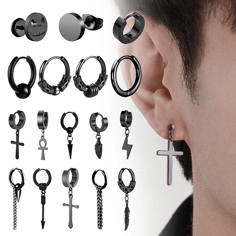 Punk Stainless Steel Stud Earrings Set: Unisex Vintage Hip Hop Ear Piercing Jewelry for Men and Women