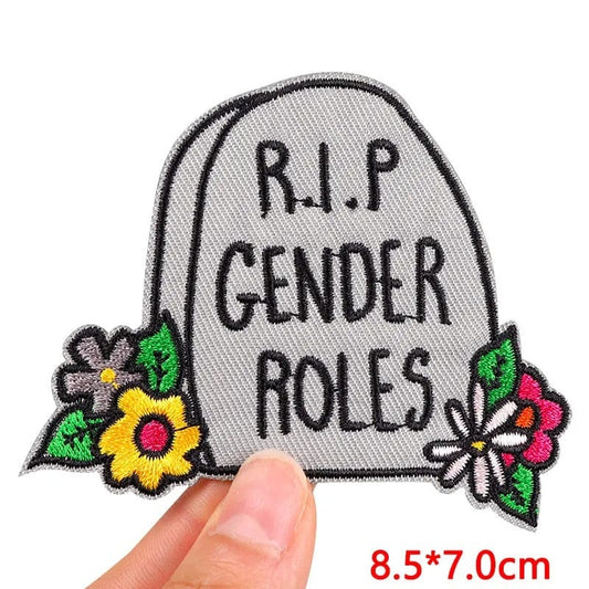 R.I.P Gender Roles Grey Tombstone Gravestone Patch Iron Sew On Embroidered Badge