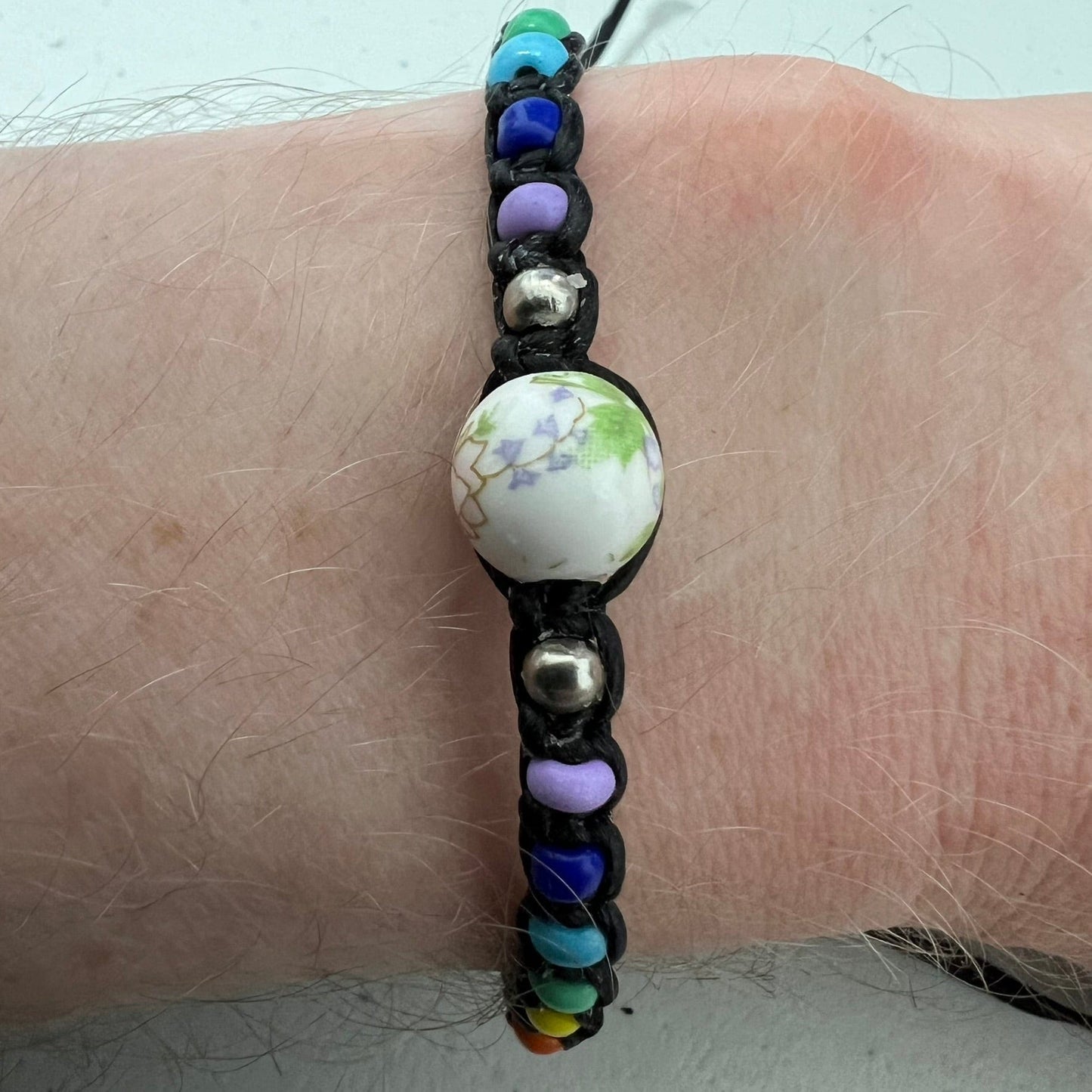 Rainbow Beads Floral Flower Bead Bracelet Black Wristband Bangle Girls Jewellery