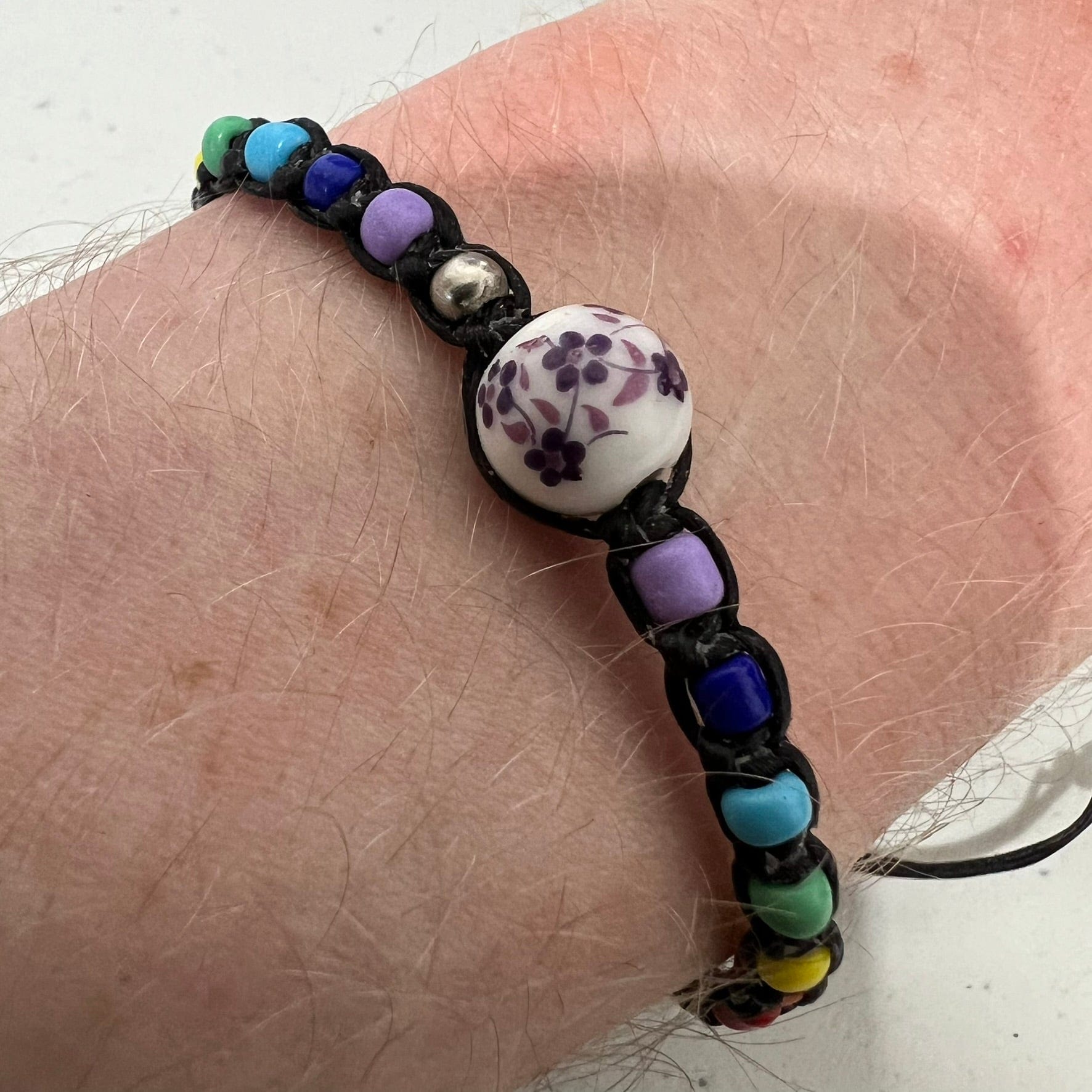 Rainbow Beads Flower Bead Bracelet Black Wristband Bangle Womens Girls Jewellery