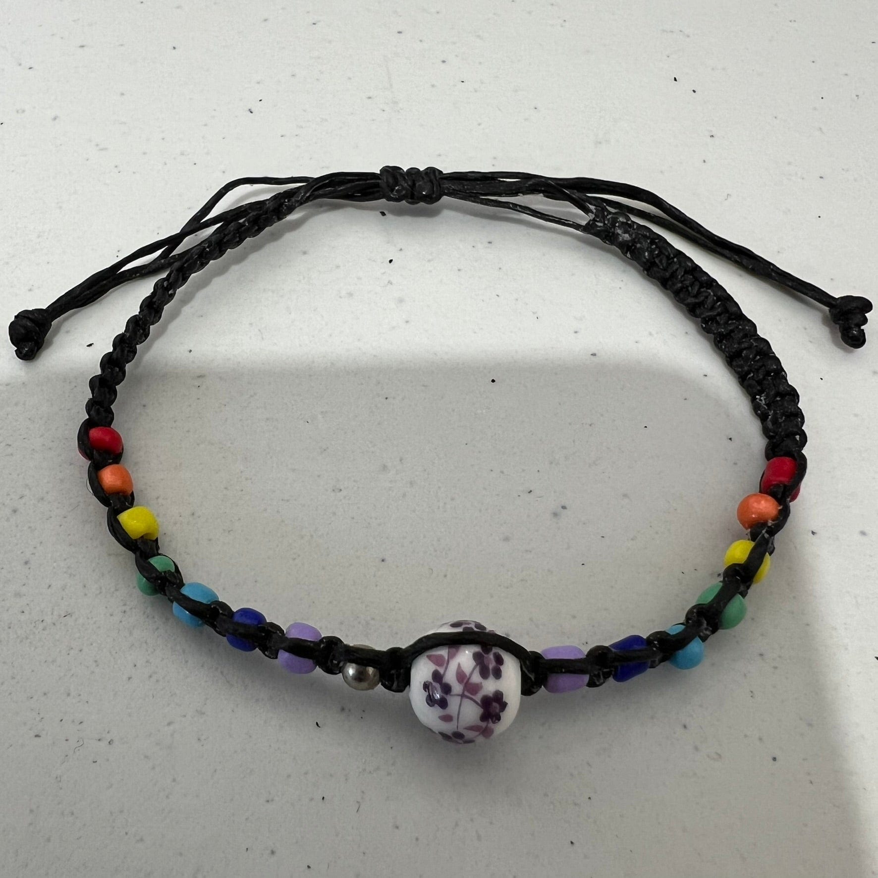 Rainbow Beads Flower Bead Bracelet Black Wristband Bangle Womens Girls Jewellery