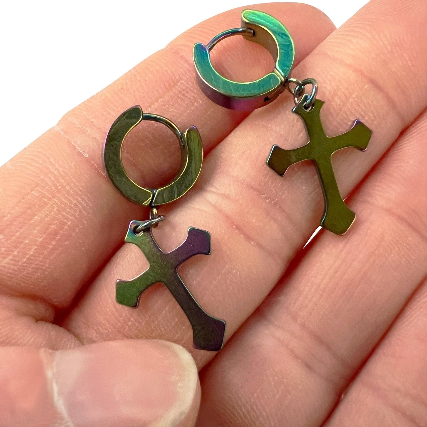 Rainbow Jesus Cross Hoop Huggie Stud Earrings Mens Womens Small Studs Jewellery