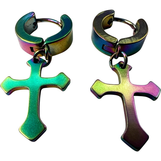 Rainbow Jesus Cross Hoop Huggie Stud Earrings Mens Womens Small Studs Jewellery