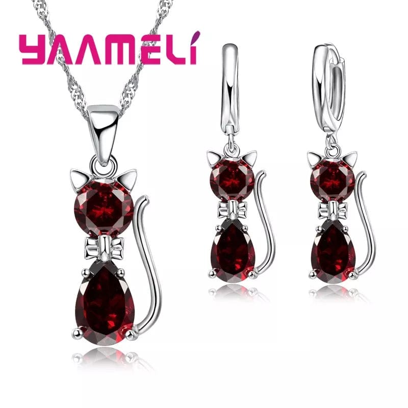 Real 925 Sterling Silver Color Jewelry Sets for Woman Girls Shining Austrian Crystal Cute Cat Pendant Necklace Huggie Earring