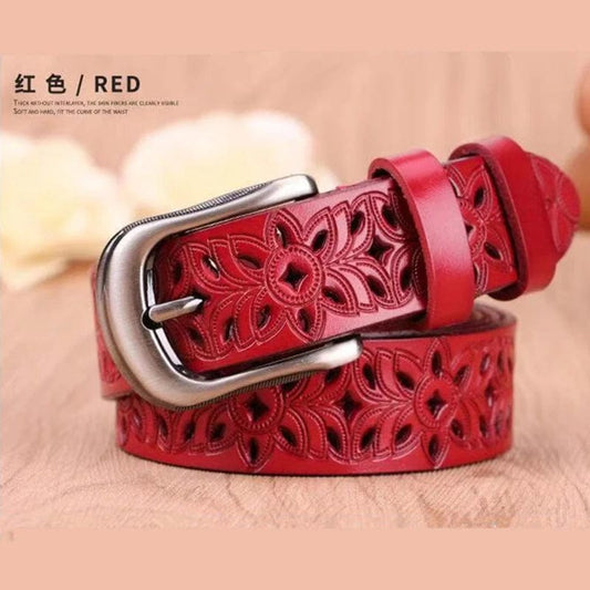 Red Floral Design Genuine Leather Belt