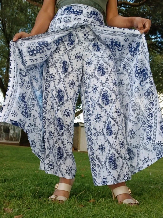 Navy Blue White Thai Elephant Womens Wrap Trousers Hippie Harem Festival Boho Pants