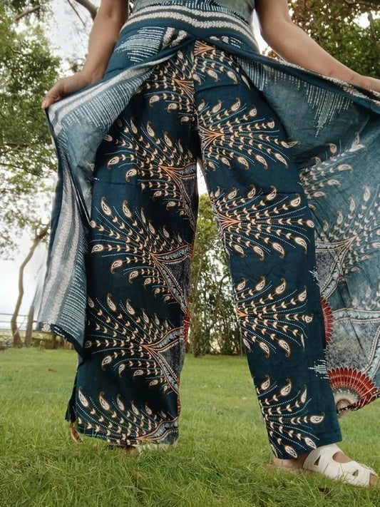 Dark Green Bohemian Feathers Printed Hippie Harem Pants Trousers