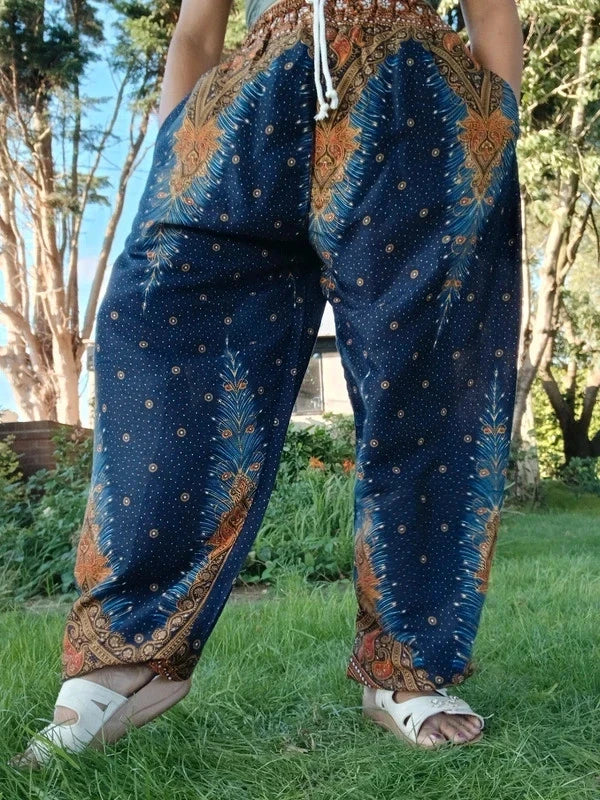 Navy Blue Brown Gold Harem Hippie Pants Wide Leg Peacock Feather Print Trousers