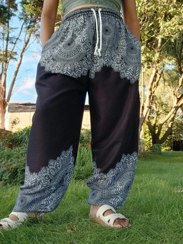 Black Bohemian Flower Printed Hippie Floral Harem Baggy Pants Yoga Trousers