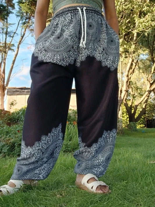 Black Bohemian Flower Printed Hippie Floral Harem Baggy Pants Yoga Trousers