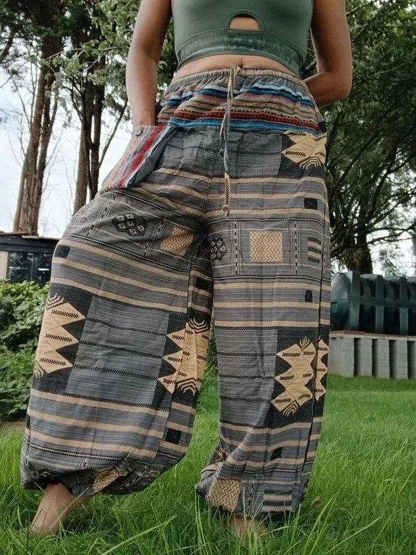 Grey Cream Hippie Harem Pants Baggy Gypsy Yoga Travel Trousers