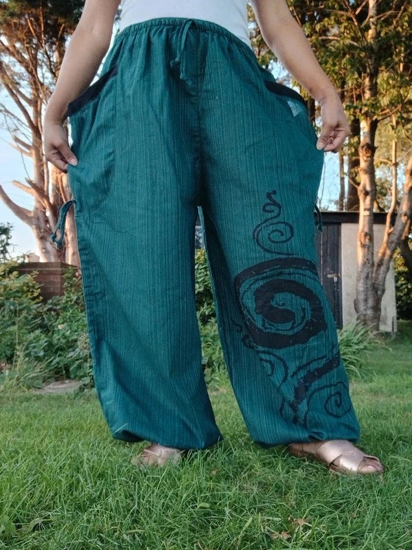 Dark Green Harem Pants Hippy Wide Leg Poofy Summer Travel Trousers Size S M L XL