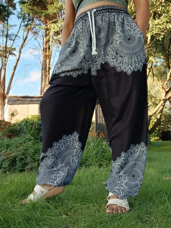 Black Bohemian Flower Printed Hippie Floral Harem Baggy Pants Yoga Trousers