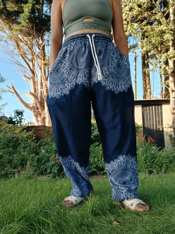Navy Blue Bohemian Flower Printed Hippie Floral Harem Baggy Pants Yoga Trousers