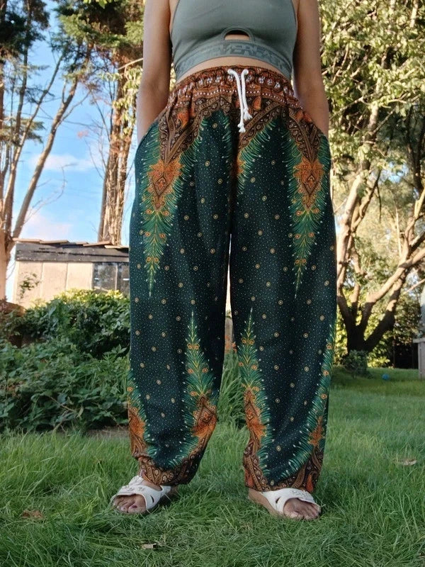 Dark Green Boho Feathers Print Harem Hippie Baggy Pants Yoga Festival Trousers