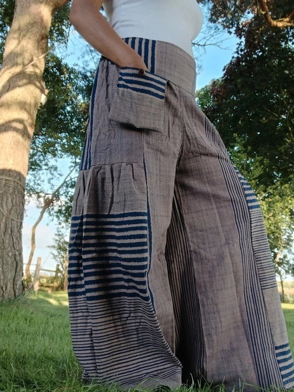 Beige Navy Patch Striped Palazzo Hippie Wide Leg Trousers Boho Harem Baggy Pants