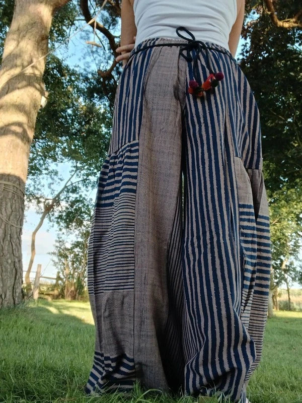 Beige Navy Patch Striped Palazzo Hippie Wide Leg Trousers Boho Harem Baggy Pants